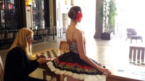 Renee Forbes working on a tutu before SJDT performs in SjDANCE Co Festival on Santana Row, 2015.