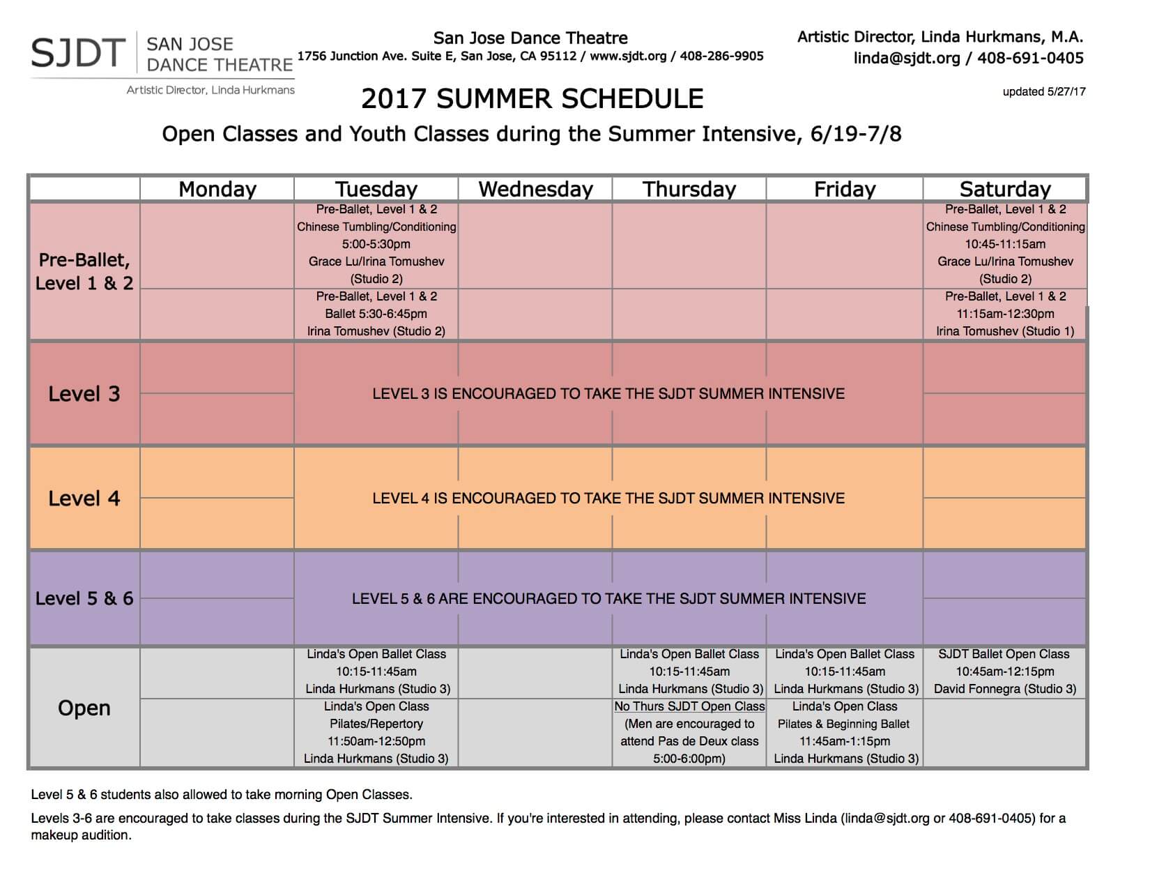 Summer Class Schedule San Jose Dance Theatre