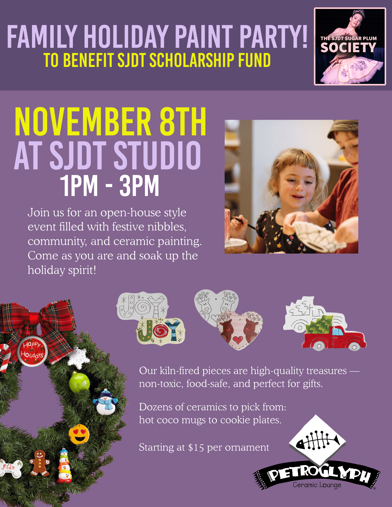 Join us November 8th for a Petroglyph Painting Party at SJDT. 1pm - 3pm. Proceeds benefit the SJDT Scholarship Fund. RSVP to reserve your spot. There will be ornaments and keepsakes to paint. Ornaments start at $15 each.